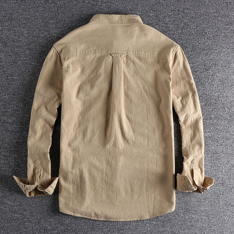 GorgeousBen  Men's Retro washed texture long-sleeved shirt for men, loose and versatile solid color simple pocket youth shirt.