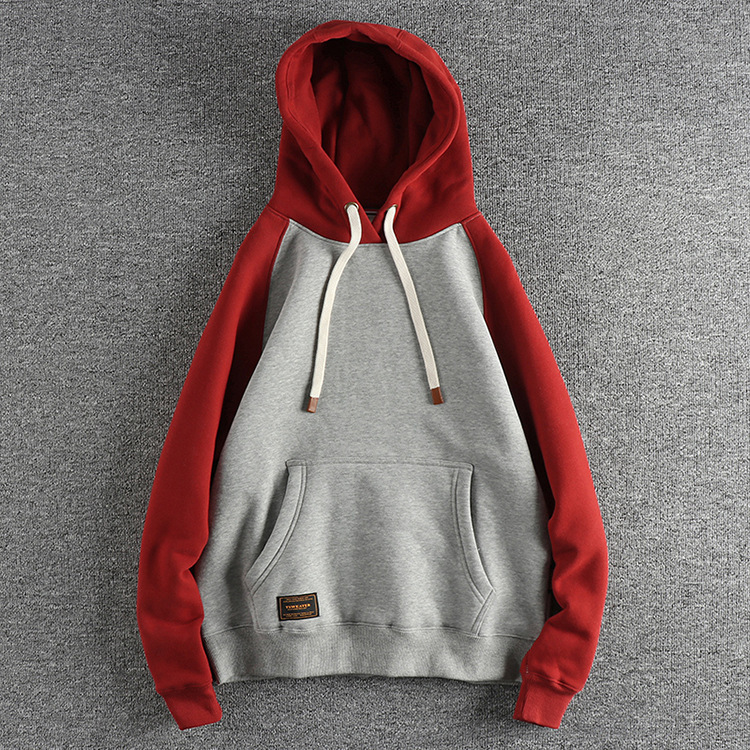 GorgeousBen  Men's  Heavyweight fleece-lined thick hooded sweatshirt for men, American retro color-blocked trendy youth top outerwear.
