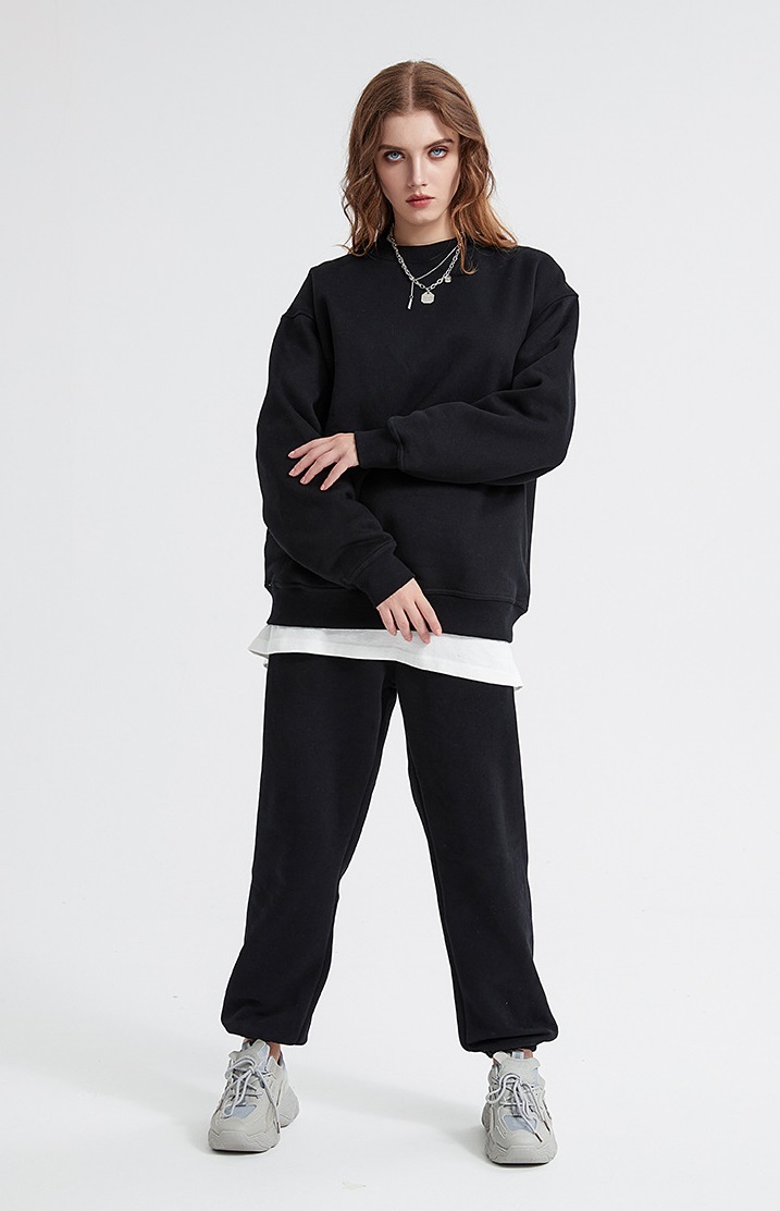 GrogeousBen  Unisex Autumn and winter new 360g plush solid color round neck sweatshirt set, plus thickened dropped shoulder sweatshirt.