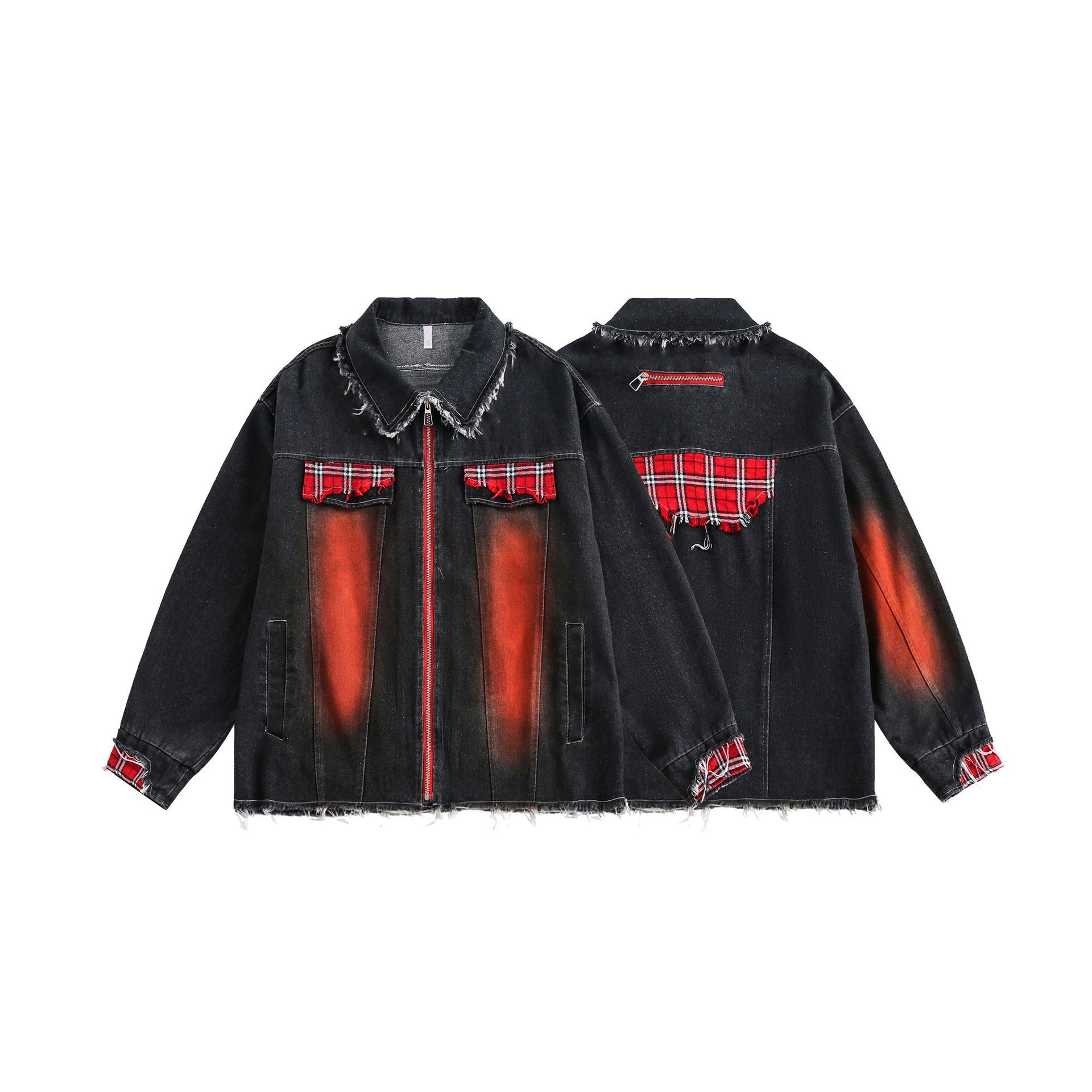 GorgeousBen  Unisex 2024 Spring New Patchwork Tassel Contrast Plaid Denim Jacket Men's Water Washed Vintage Couple Top
