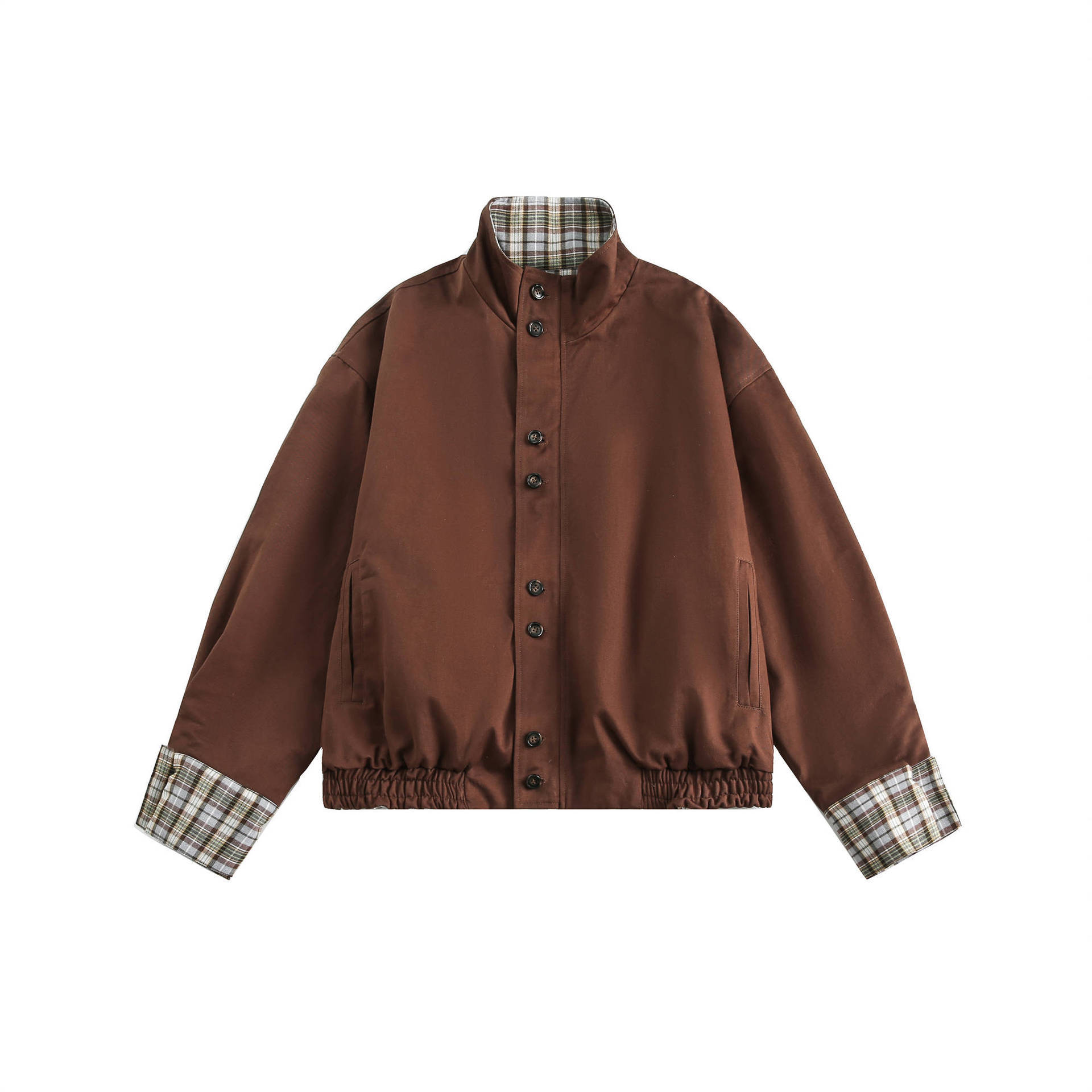 GrogeousBen   Unisex 2024 new  retro double-sided plaid jacket for men, trendy brand design with a sense of MIRADER stand-up collar work jacket.
