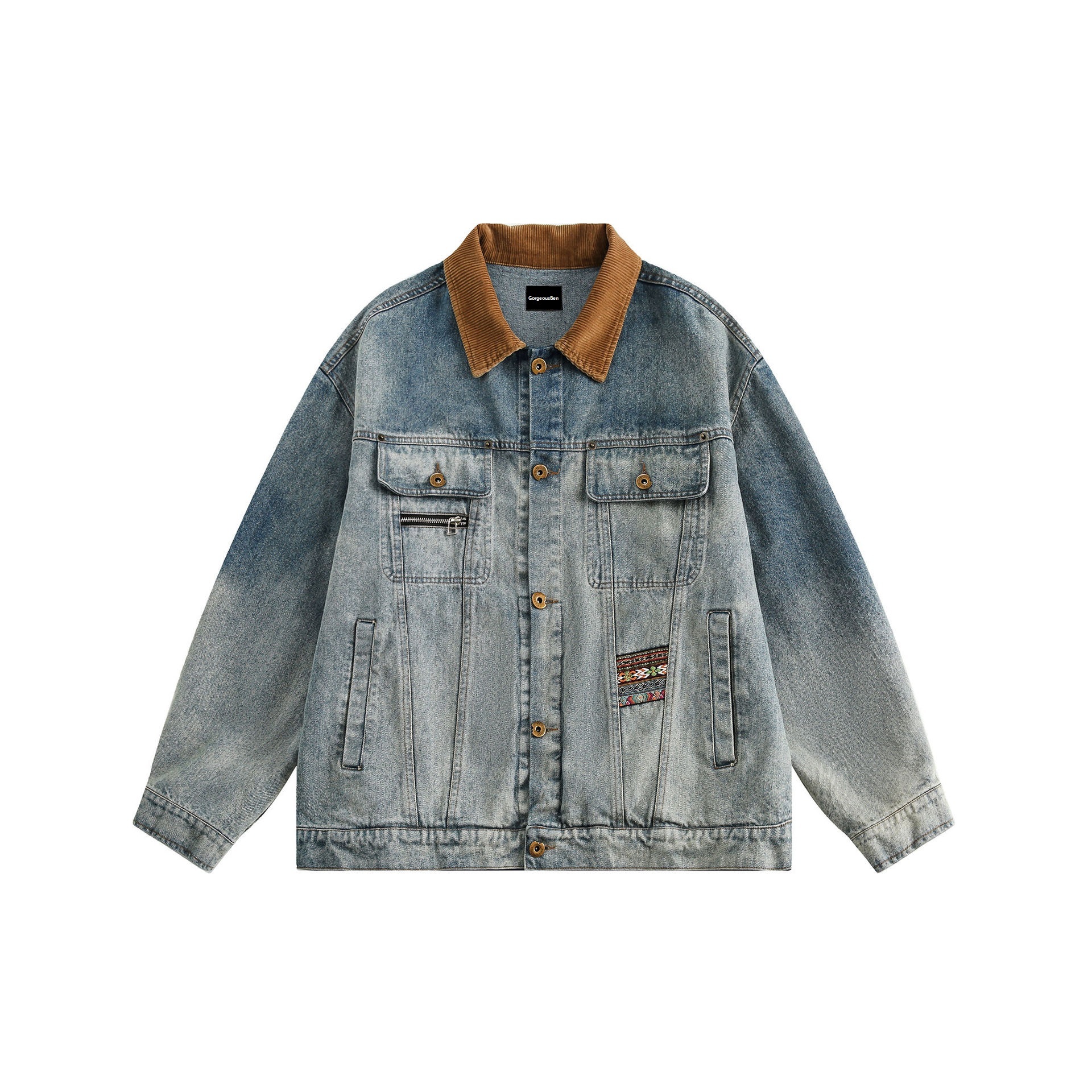 GrogeousBen   Unisex Retro high-end color-block lapel washed denim jacket, unisex BF style spring versatile jacket.