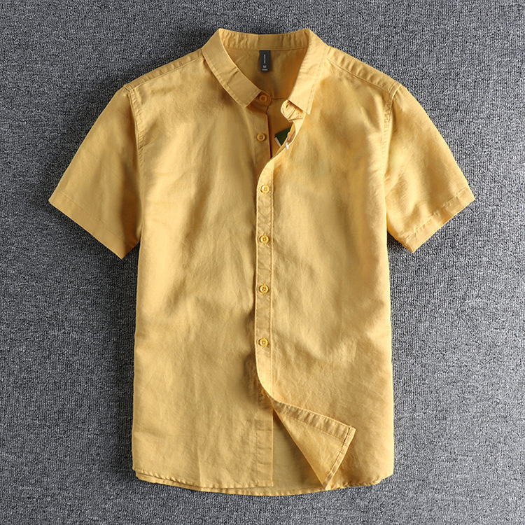 GrogeousBen  Men's Fresh retro solid color linen cotton short-sleeved shirt men's daily versatile washed comfortable shirt.