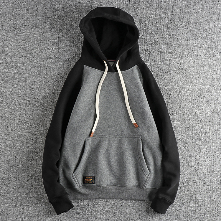 GorgeousBen  Men's  Heavyweight fleece-lined thick hooded sweatshirt for men, American retro color-blocked trendy youth top outerwear.