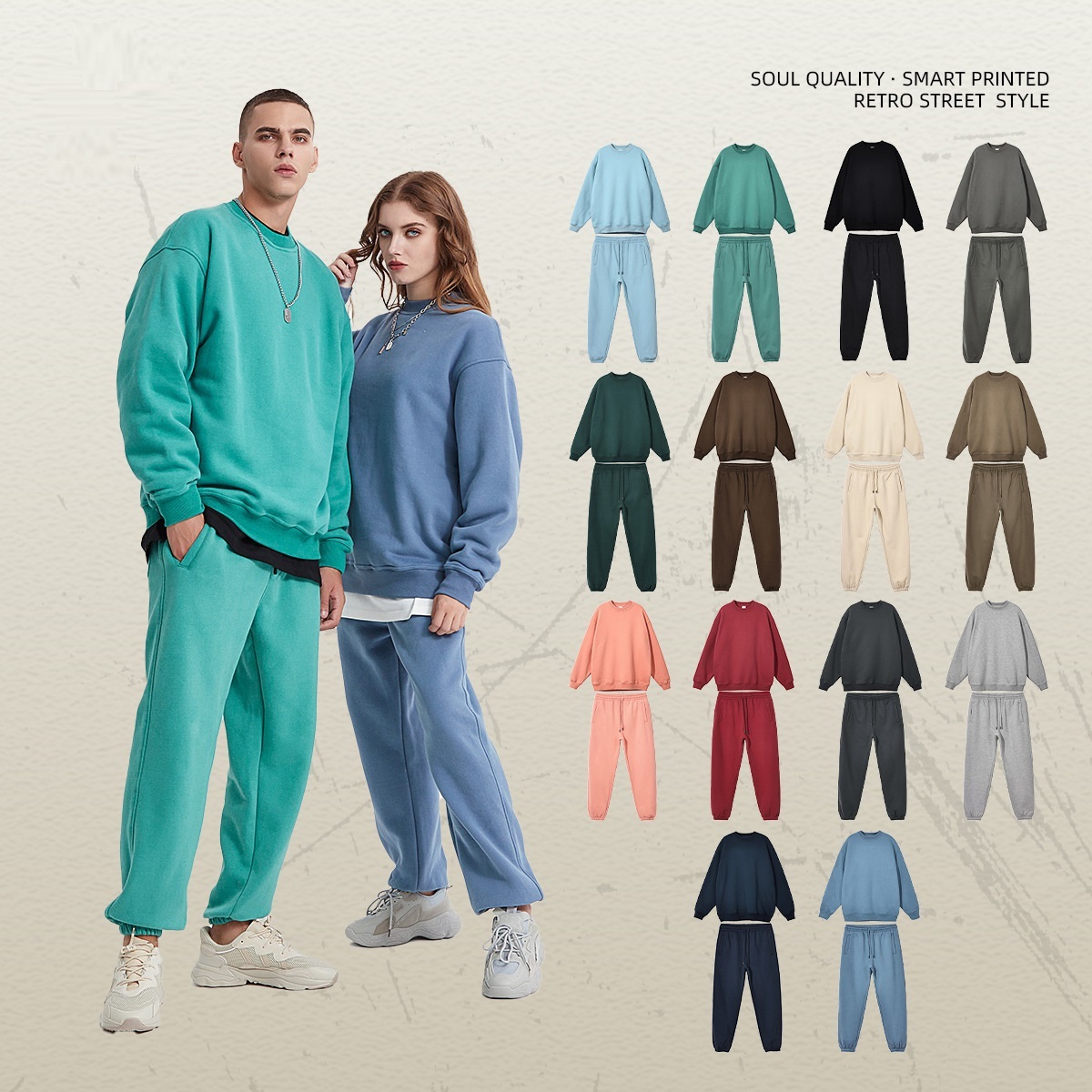 GrogeousBen  Unisex Autumn and winter new 360g plush solid color round neck sweatshirt set, plus thickened dropped shoulder sweatshirt.