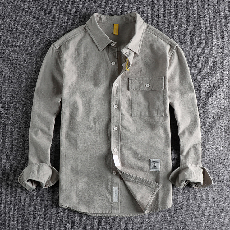 GorgeousBen  Men's Retro washed texture long-sleeved shirt for men, loose and versatile solid color simple pocket youth shirt.