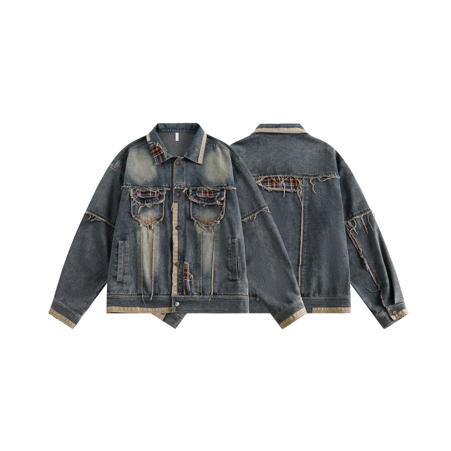 GorgeousBen  Unisex 2024 spring new denim jacket for men and women, trendy loose-fitting patchwork distressed water washed national couple jacket.