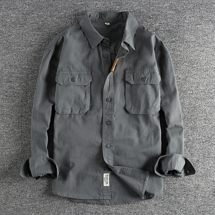 GorgeousBen  Men's 3D pocket design, simple and retro workwear long-sleeved shirt Solid color trendy casual youth shirt.