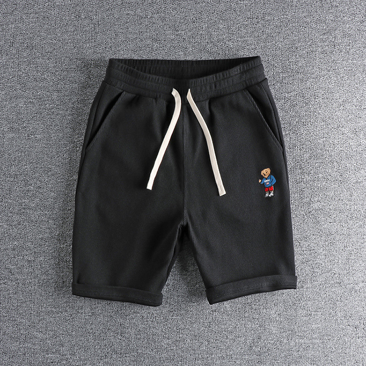 GrogeousBen Men's Summer Casual Embroidered bear wash waffle shorts men