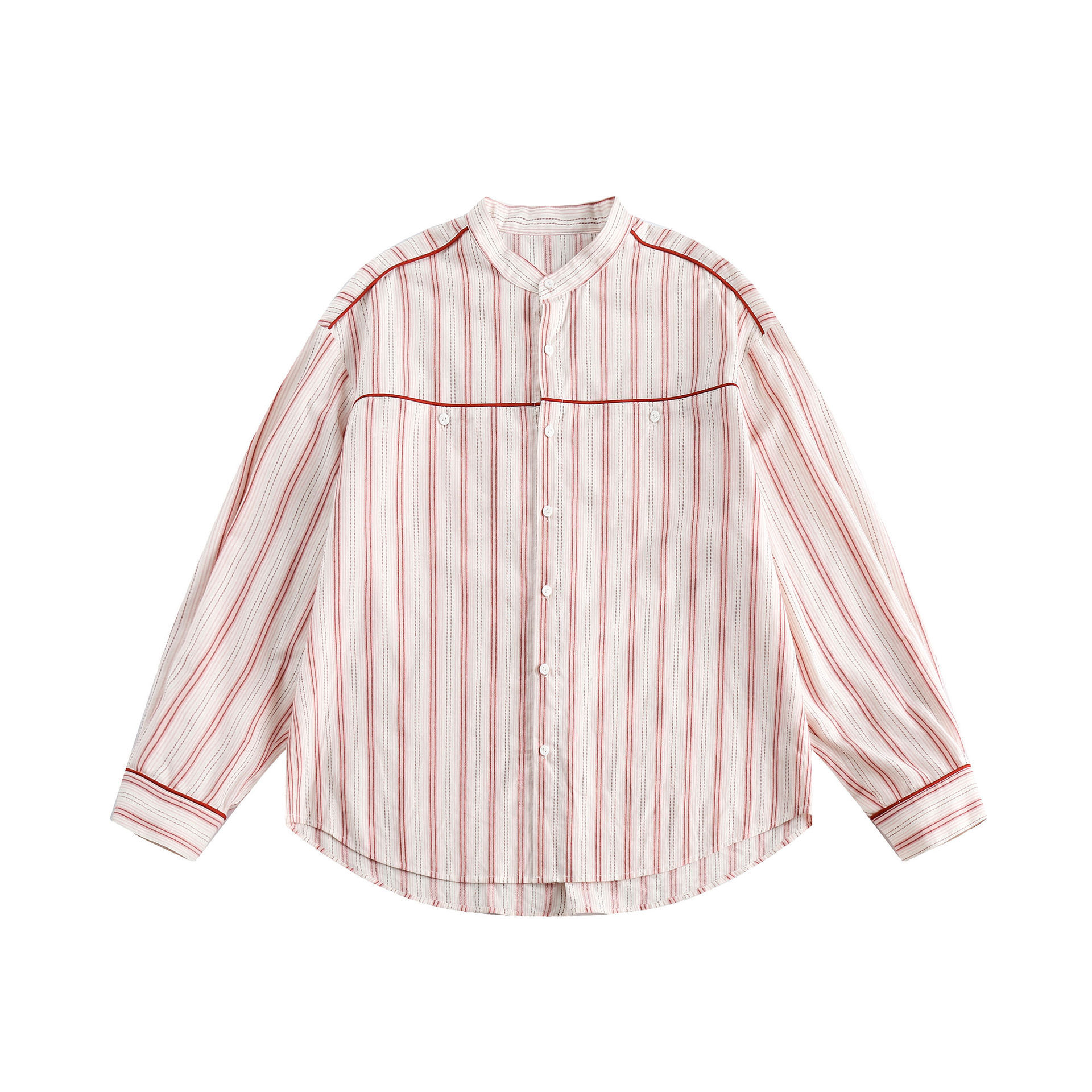 GorgeousBen   Unisex 2024 new  pink vertical striped long-sleeved shirt for men, loose-fitting versatile couple's shirt jacket for spring.