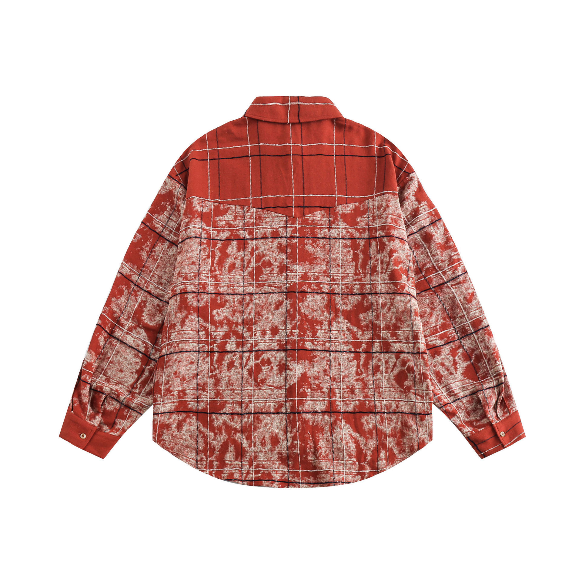 GorgeousBen  Unisex 2024 spring new color-blocked plaid splicing long-sleeved shirt outerwear for men, loose red top.