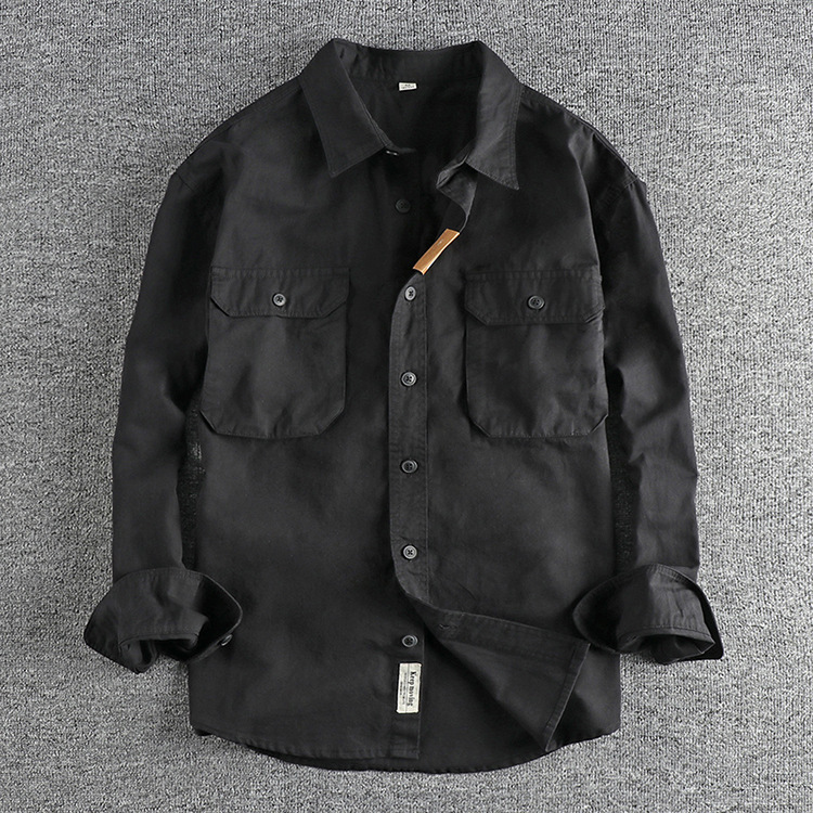 GorgeousBen  Men's 3D pocket design, simple and retro workwear long-sleeved shirt Solid color trendy casual youth shirt.