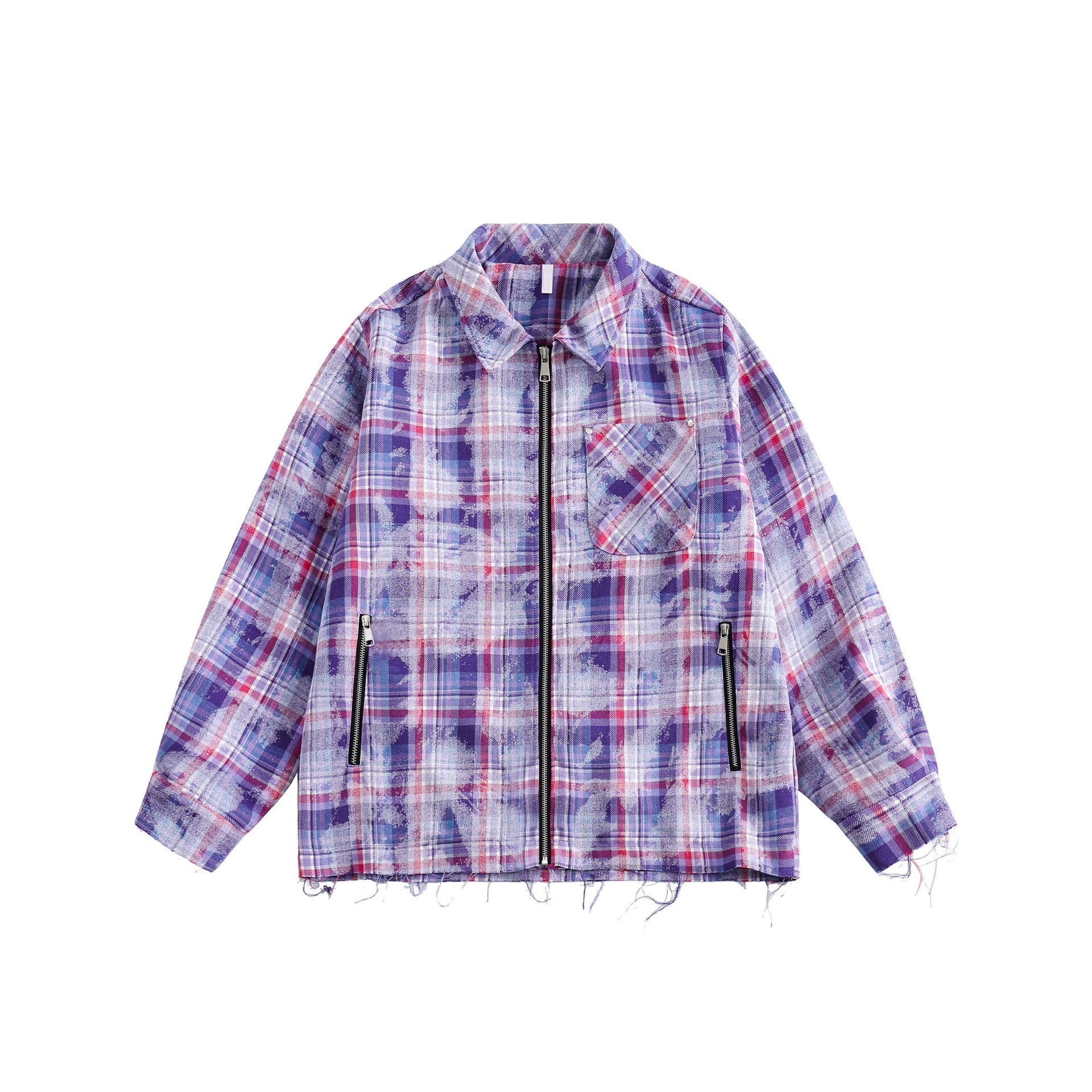 GorgeousBen  Unisex2024 spring new water-washed old multi-pocket contrast plaid jacket coat