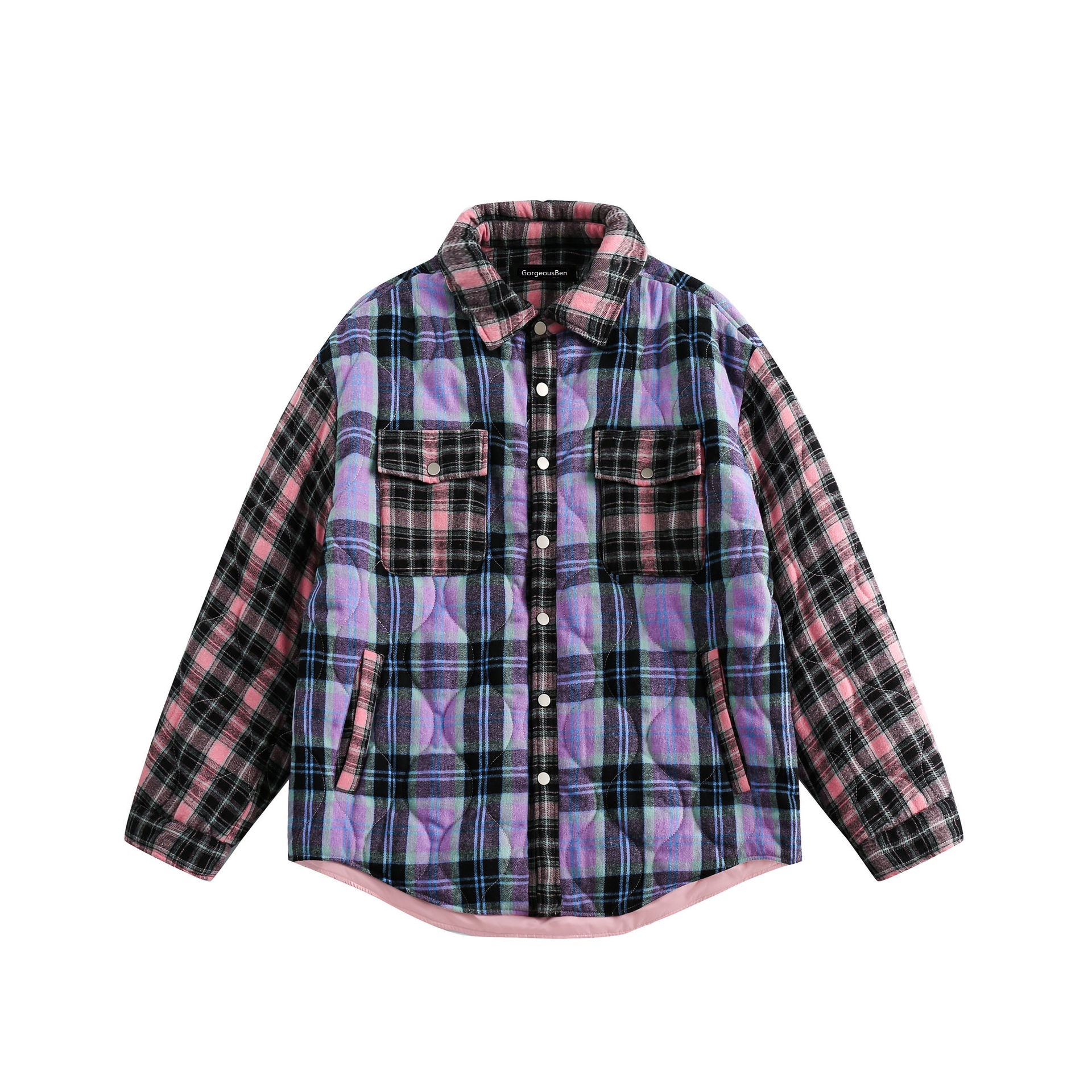 GorgeousBen  Unisex Winter American retro plaid color-blocking thick shirt, trendy loose and versatile cotton coat.