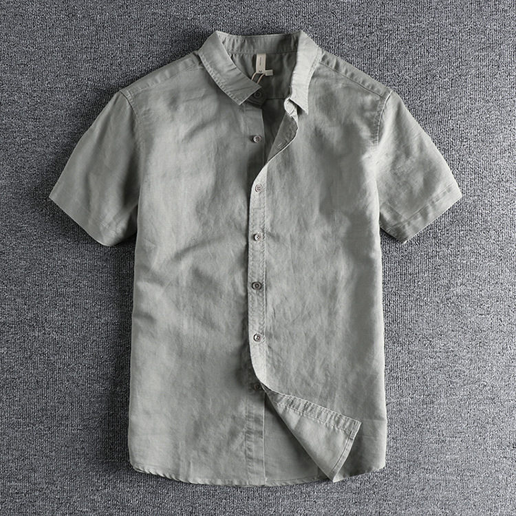 GrogeousBen  Men's Fresh retro solid color linen cotton short-sleeved shirt men's daily versatile washed comfortable shirt.