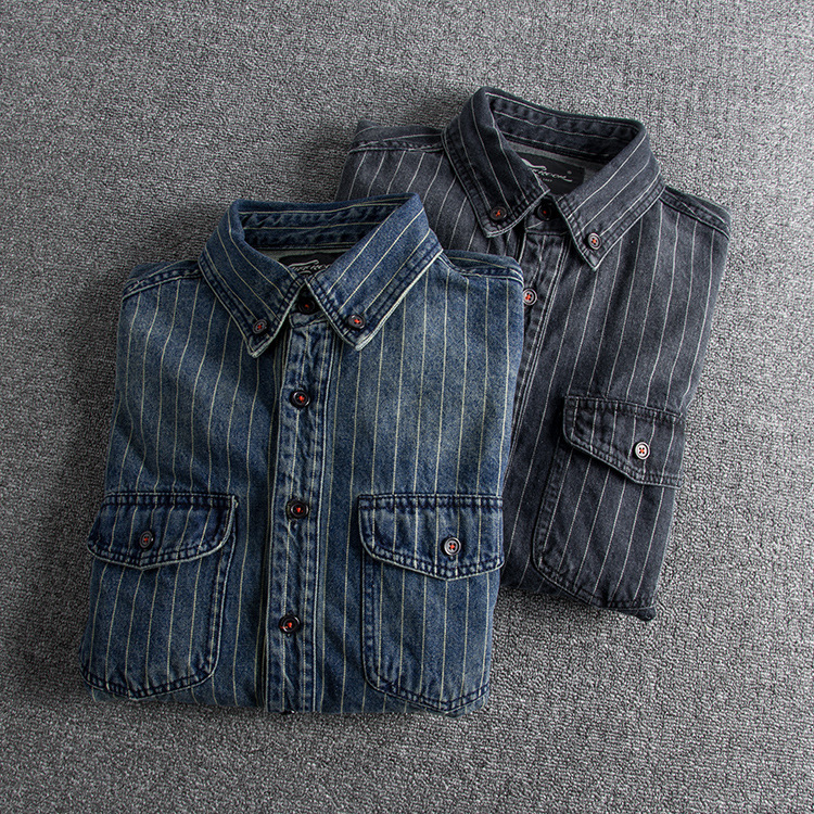GorgeousBen  Men's Autumn and winter thick British retro distressed striped tide models single men's long-sleeved shirt.