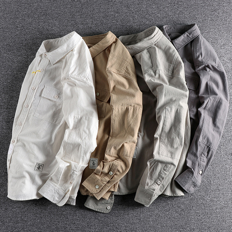 GorgeousBen  Men's Retro washed texture long-sleeved shirt for men, loose and versatile solid color simple pocket youth shirt.