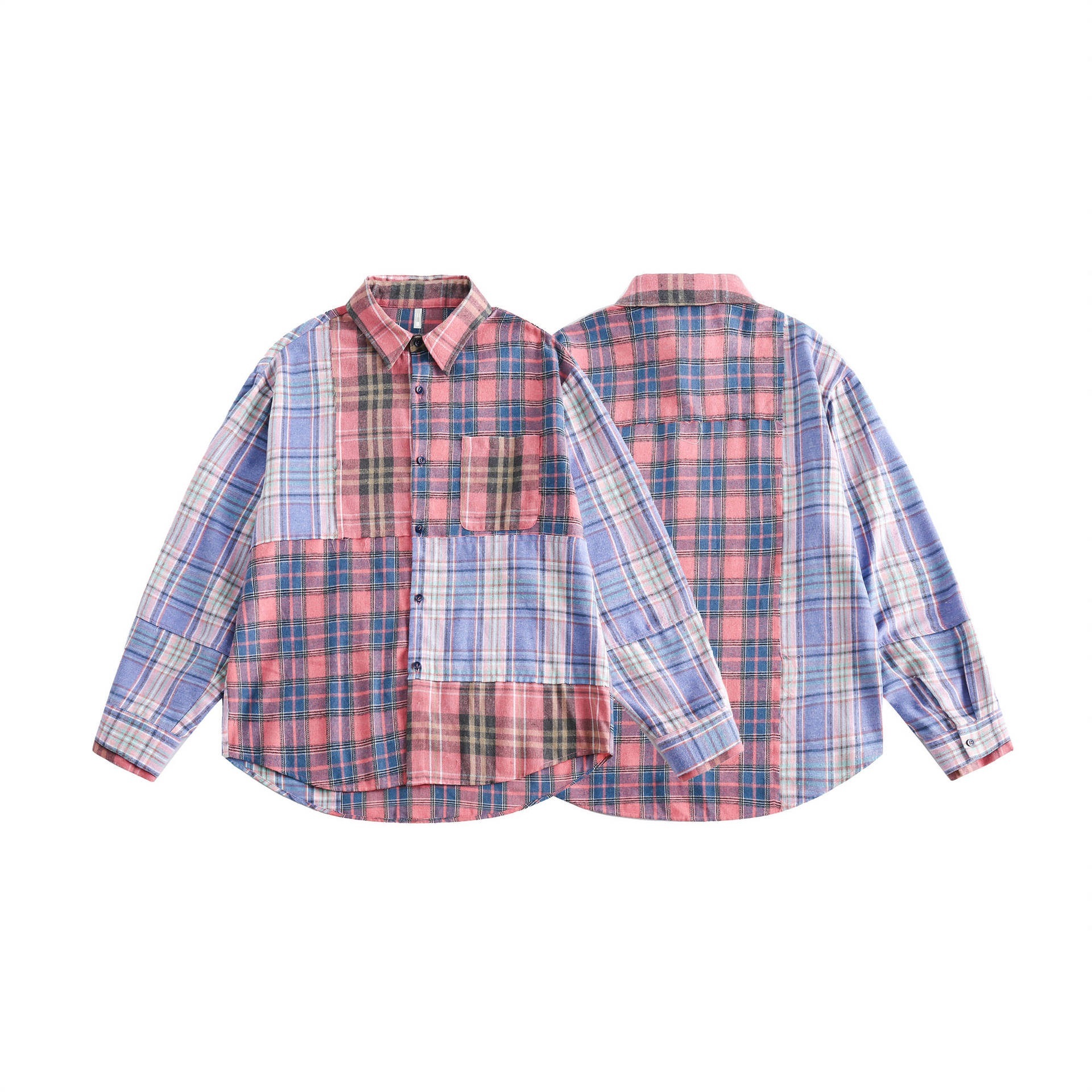 GorgeousBen  Unisex 2024 new spring color-blocked plaid splicing long-sleeve shirt for men, trendy loose fit with a design sense of casual couple's outerwear.