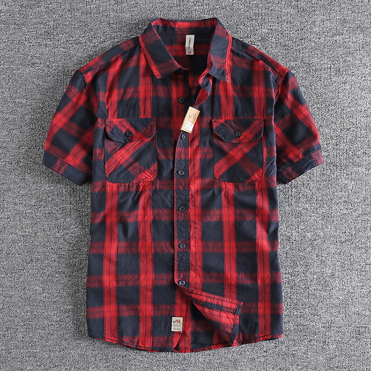 GorgeousBen  Men's Summer new classic American retro short-sleeved shirt for men, thin and comfortable plaid casual shirt.