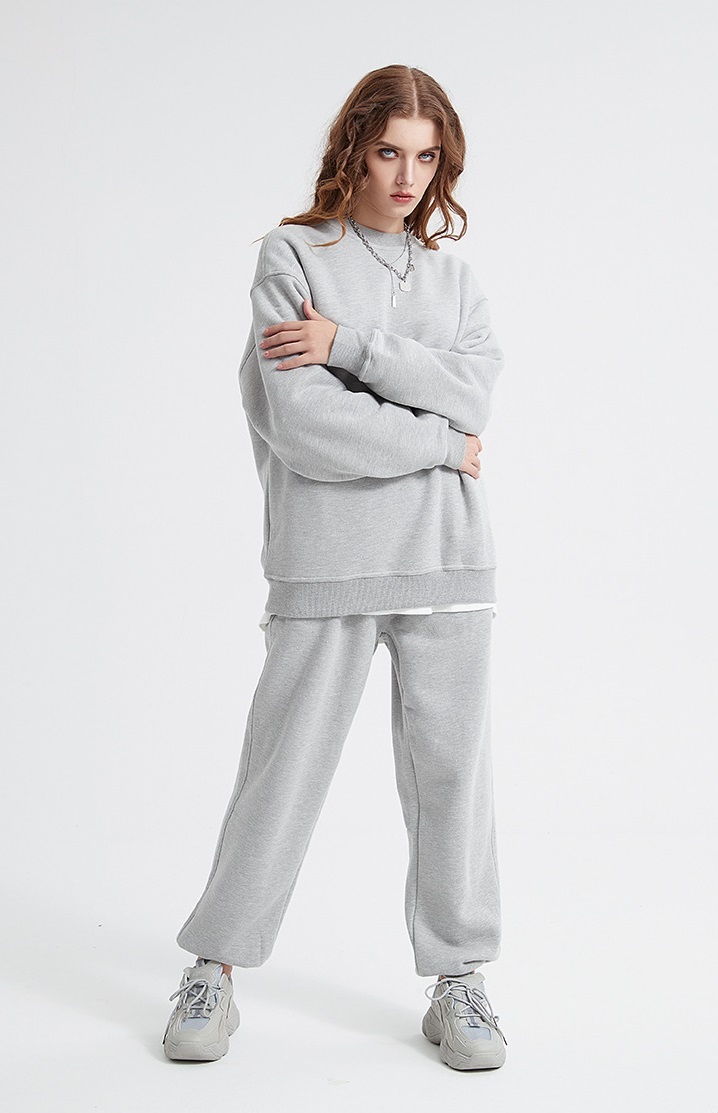 GrogeousBen  Unisex Autumn and winter new 360g plush solid color round neck sweatshirt set, plus thickened dropped shoulder sweatshirt.