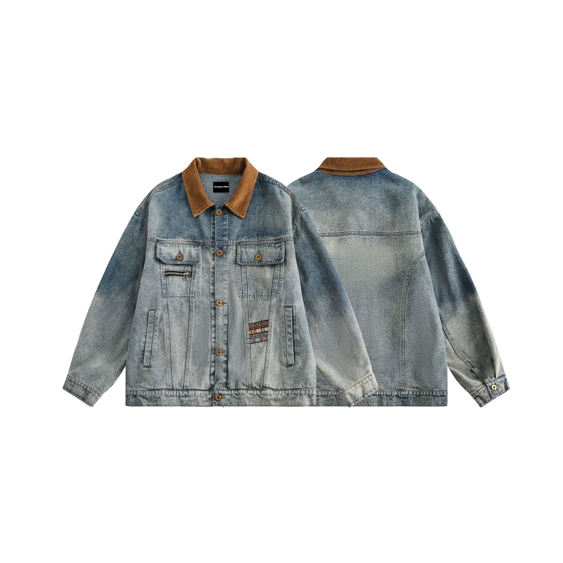 GrogeousBen   Unisex Retro high-end color-block lapel washed denim jacket, unisex BF style spring versatile jacket.
