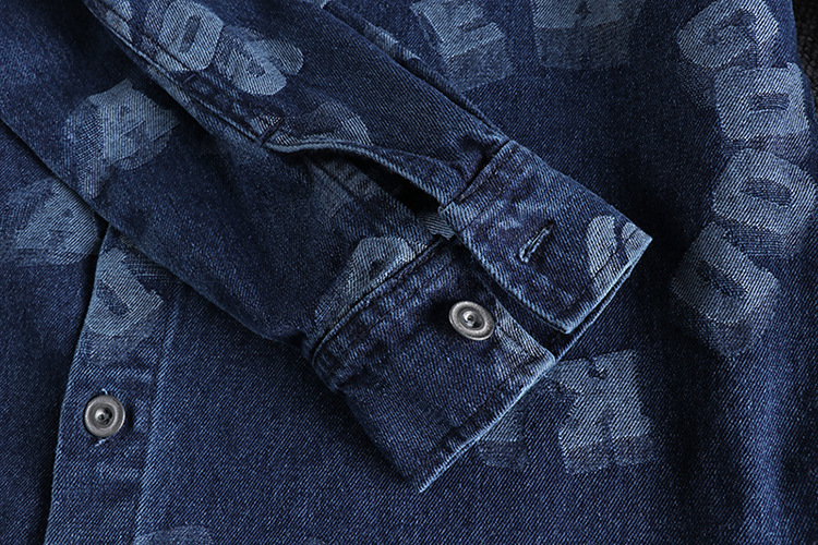 GrogeousBen  Men's  Casual retro printed letter denim shirt, fashionable and loose versatile youth shirt.