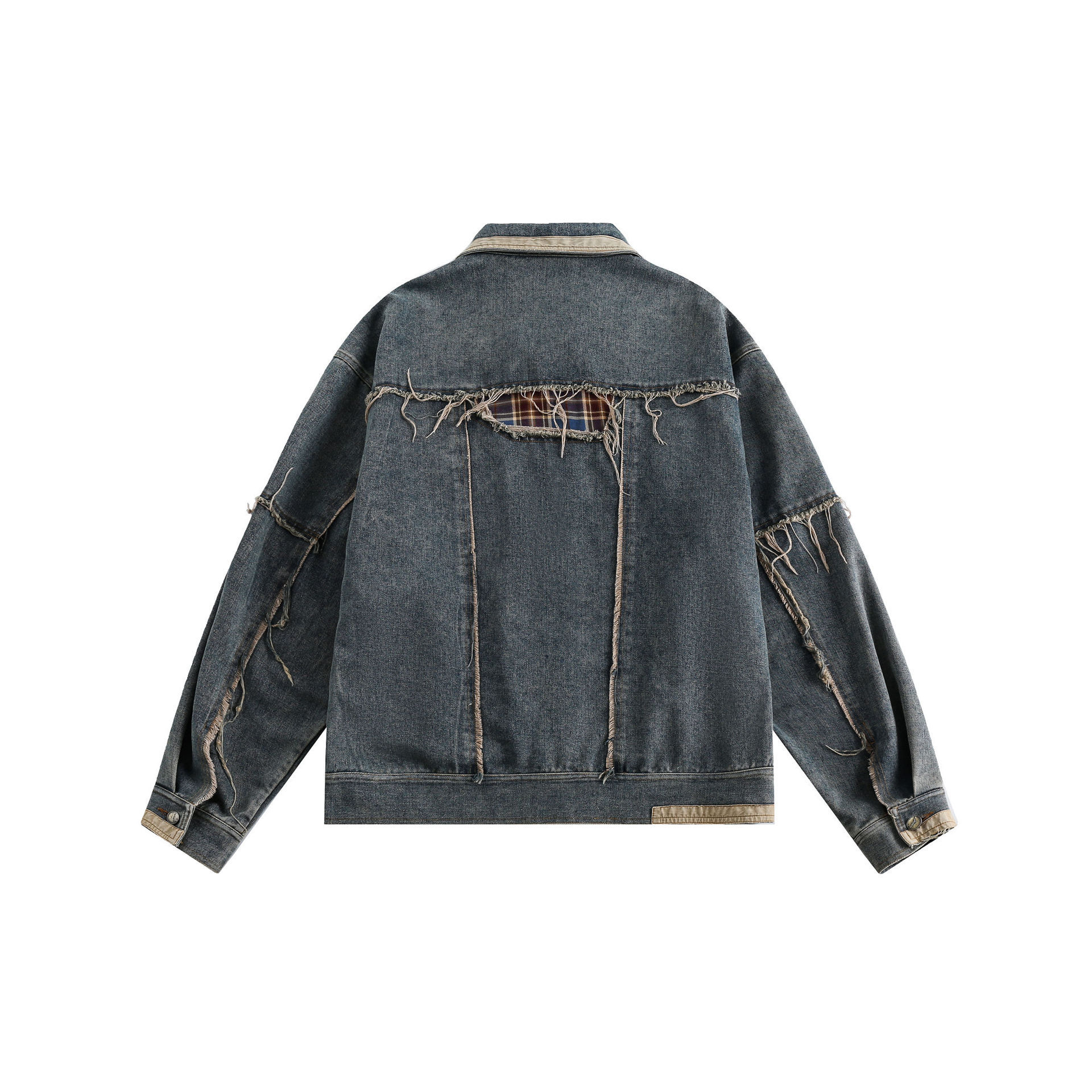 GorgeousBen  Unisex 2024 spring new denim jacket for men and women, trendy loose-fitting patchwork distressed water washed national couple jacket.