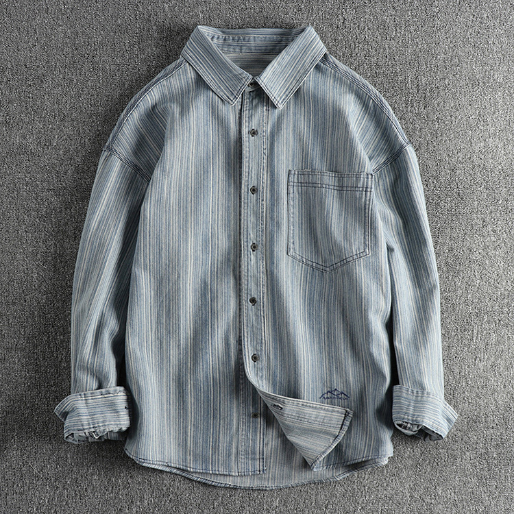 GorgeousBen  Men's Color-woven striped woven fabric, water-washed and distressed long-sleeved shirt for men, retro and trendy literary and casual thin shirt.
