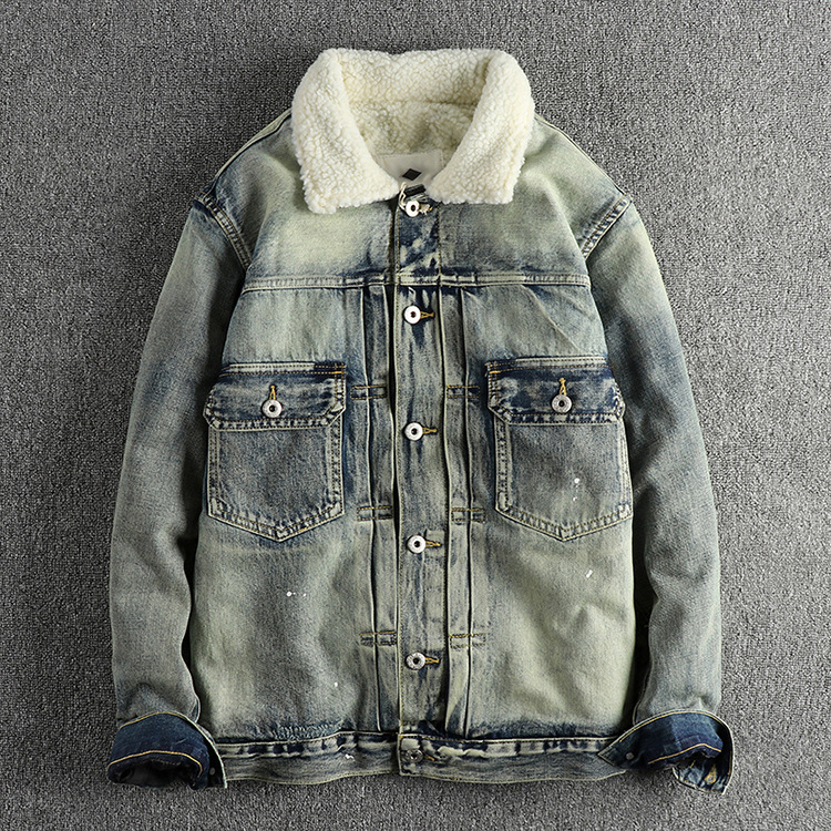 GrogeousBen  Men's Heavyweight distressed paint retro button denim jacket for men, with added fleece for warmth and a casual American style.
