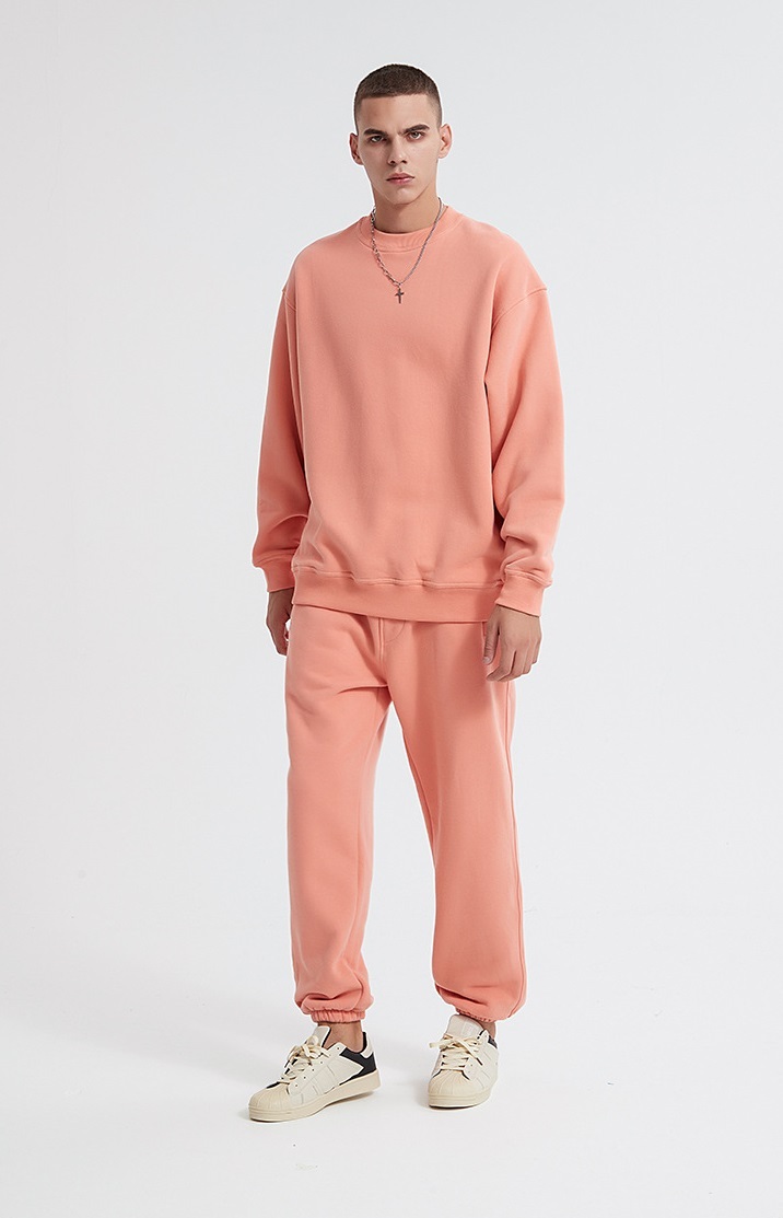 GrogeousBen  Unisex Autumn and winter new 360g plush solid color round neck sweatshirt set, plus thickened dropped shoulder sweatshirt.