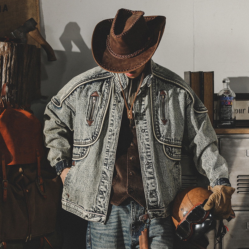 GorgeousBen  Men's washed denim jacket, winter American classic retro loose trend handsome motorcycle jacket.