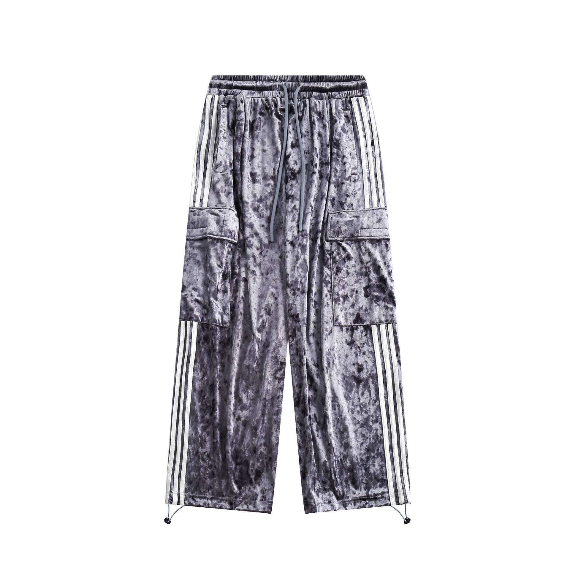 GorgeousBen  Unisex 2024 new American retro three-bar velvet sweatpants for men, trendy brand with large pockets, hanging wide-leg casual trousers.
