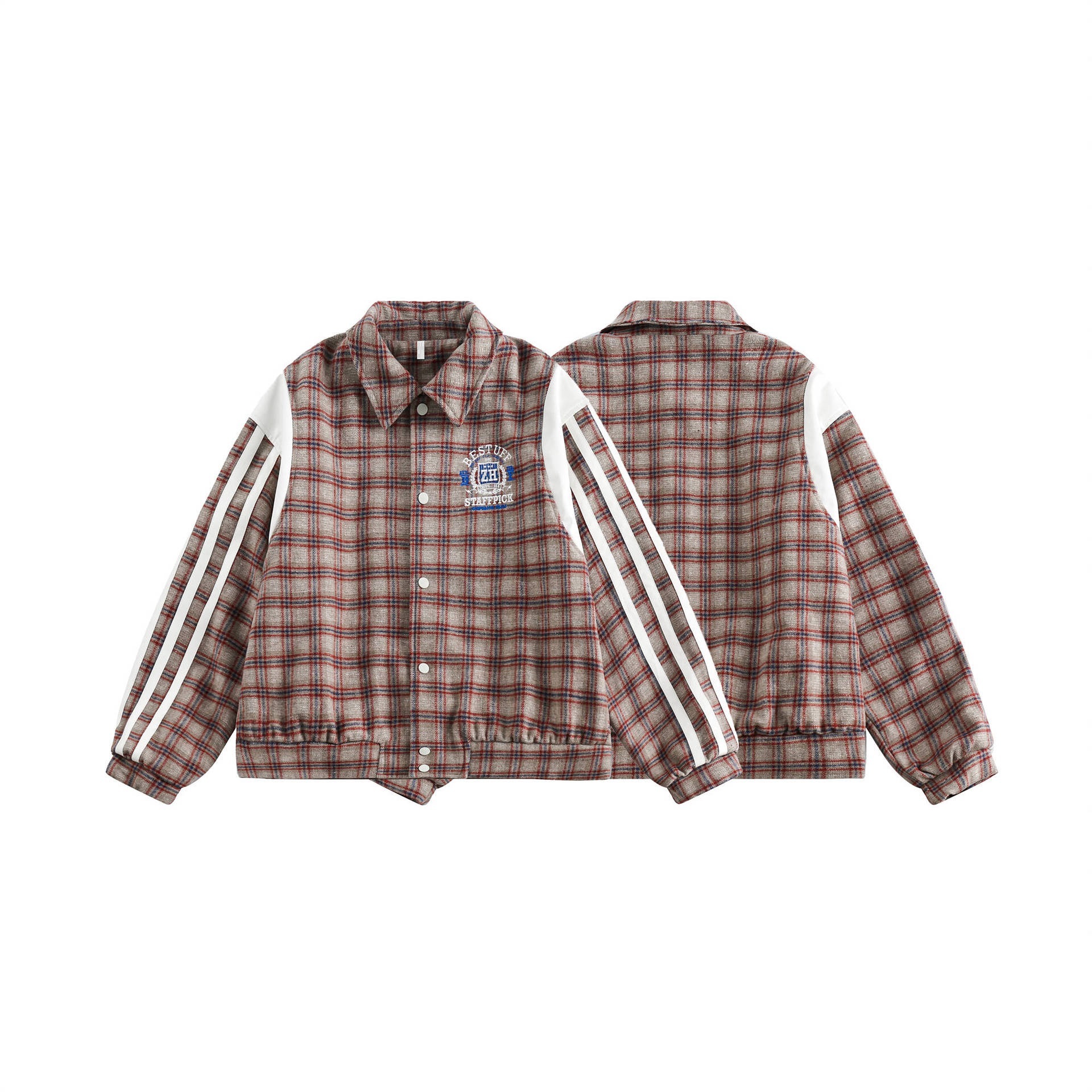GorgeousBen   Unisex 2024 new American retro college style brushed plaid jacket for men and women, trendy couple loose baseball jacket.