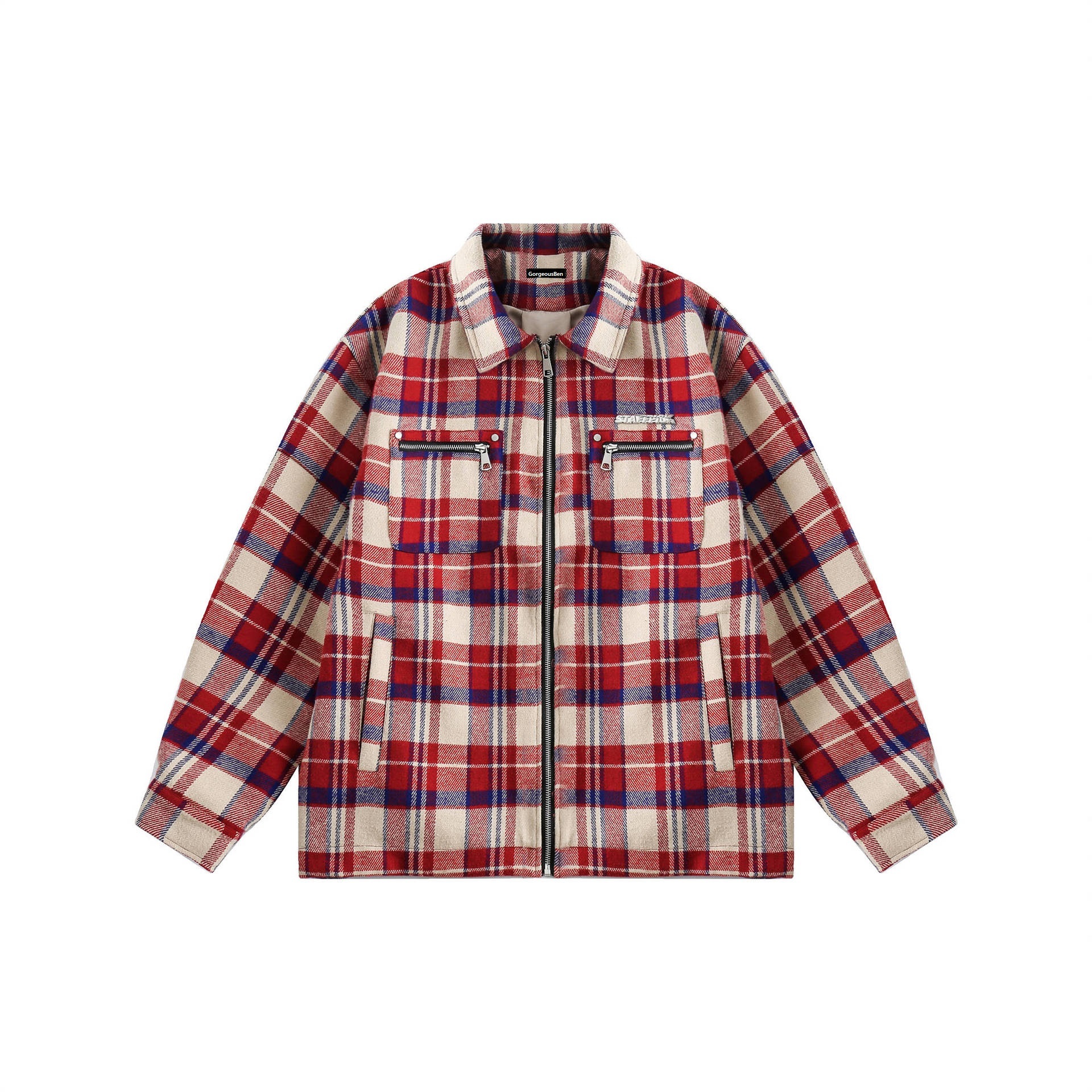 GorgeousBen   Unisex 2024 new American retro plaid red workwear long-sleeved jacket for men and women, loose and versatile couple's outerwear for spring.