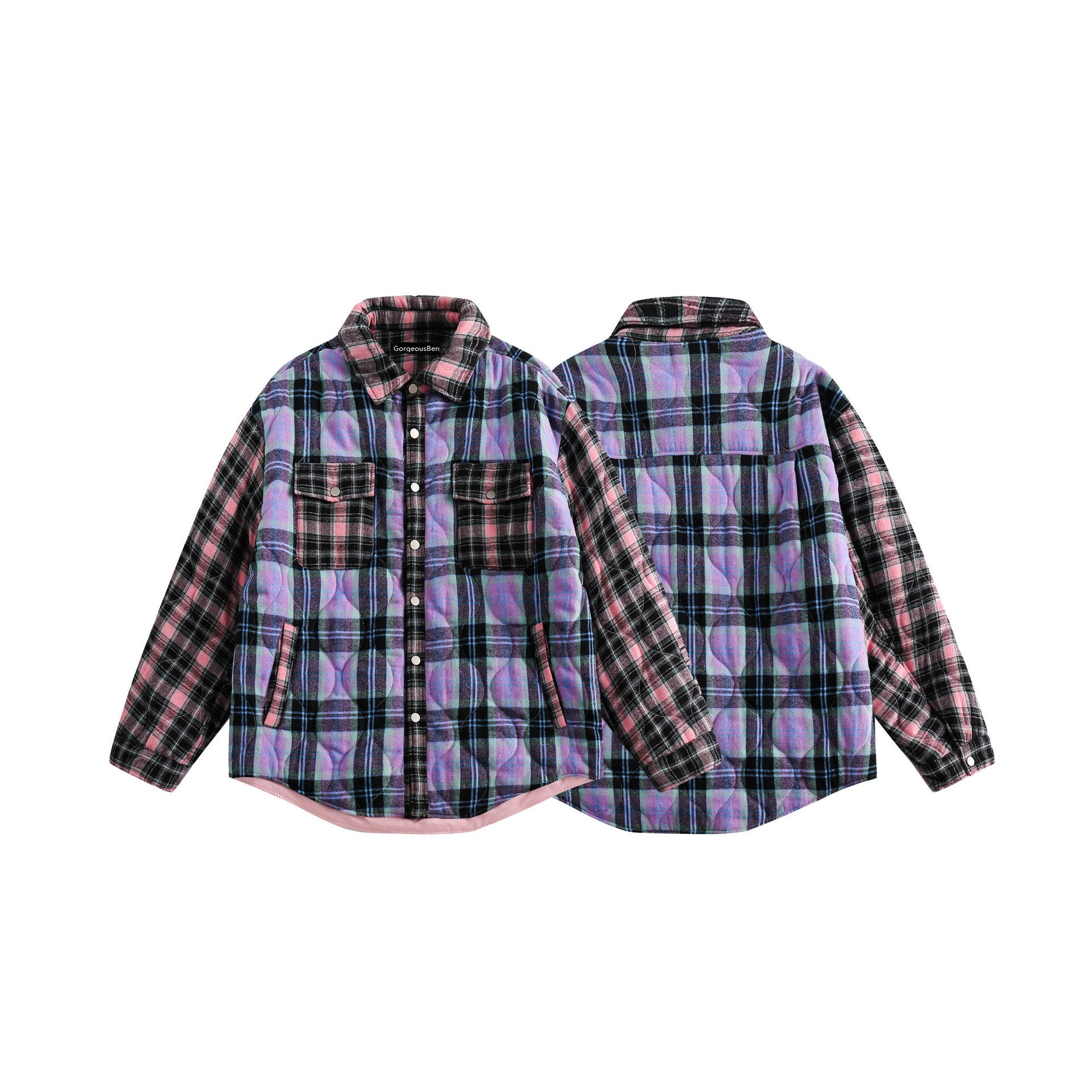 GorgeousBen  Unisex Winter American retro plaid color-blocking thick shirt, trendy loose and versatile cotton coat.