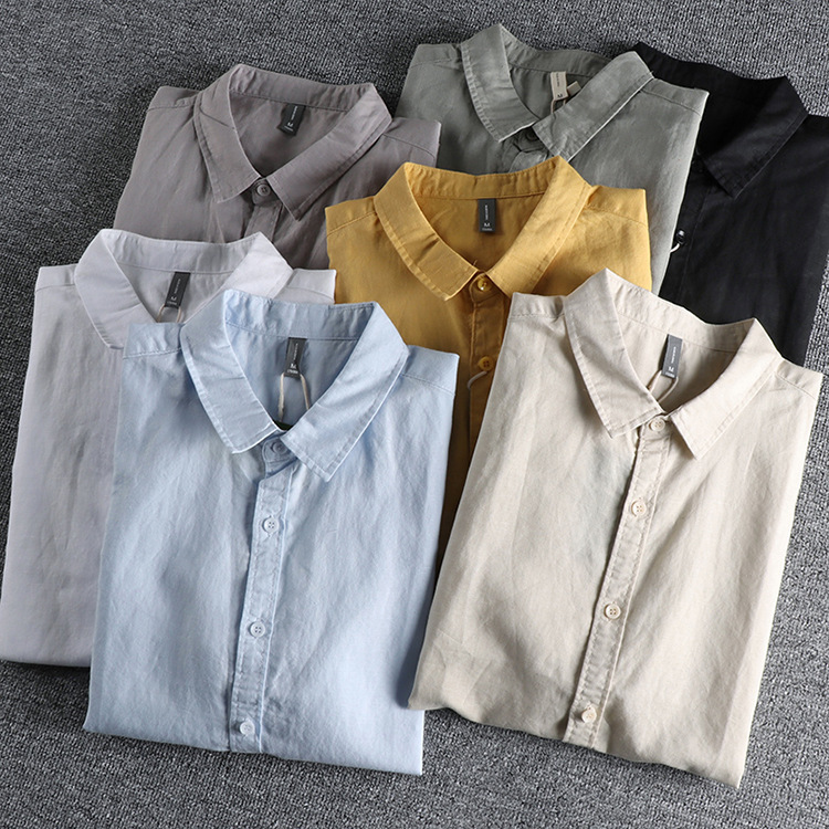 GrogeousBen  Men's Fresh retro solid color linen cotton short-sleeved shirt men's daily versatile washed comfortable shirt.