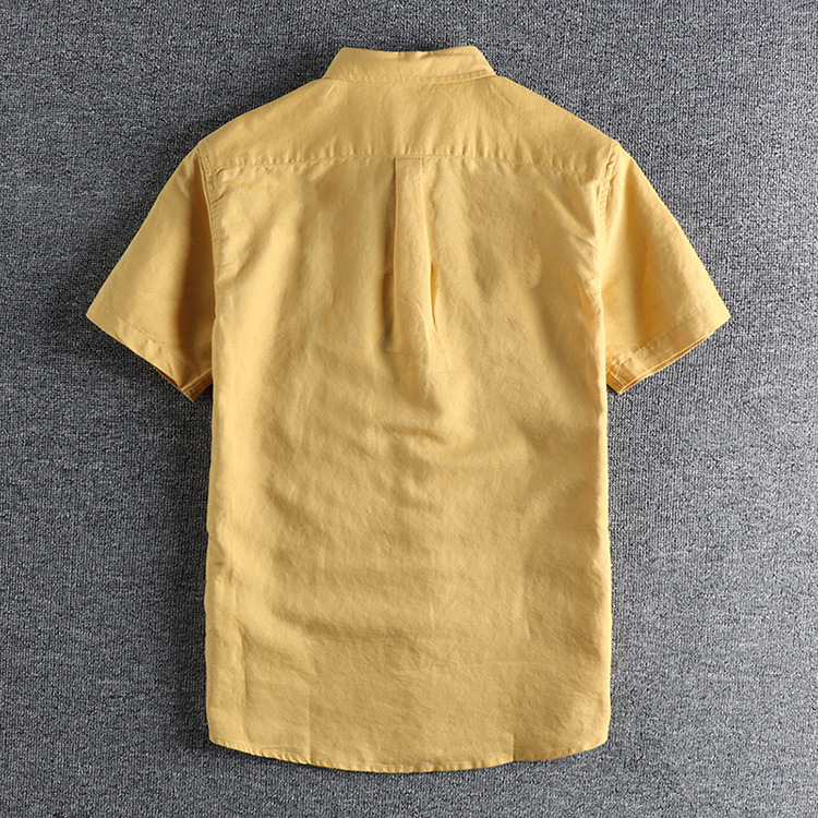 GrogeousBen  Men's Fresh retro solid color linen cotton short-sleeved shirt men's daily versatile washed comfortable shirt.