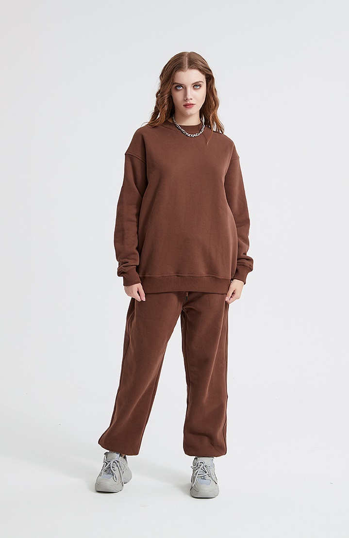 GrogeousBen  Unisex Autumn and winter new 360g plush solid color round neck sweatshirt set, plus thickened dropped shoulder sweatshirt.