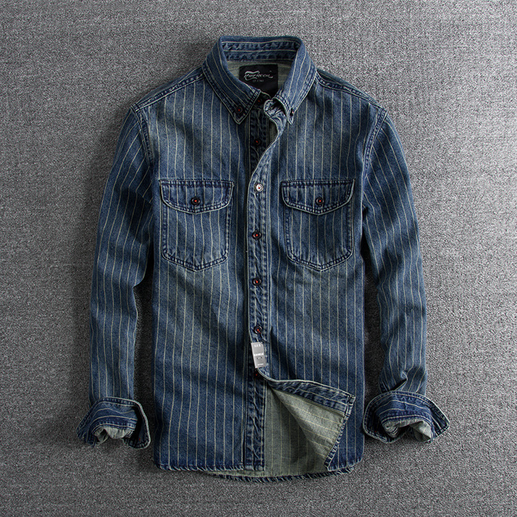 GorgeousBen  Men's Autumn and winter thick British retro distressed striped tide models single men's long-sleeved shirt.
