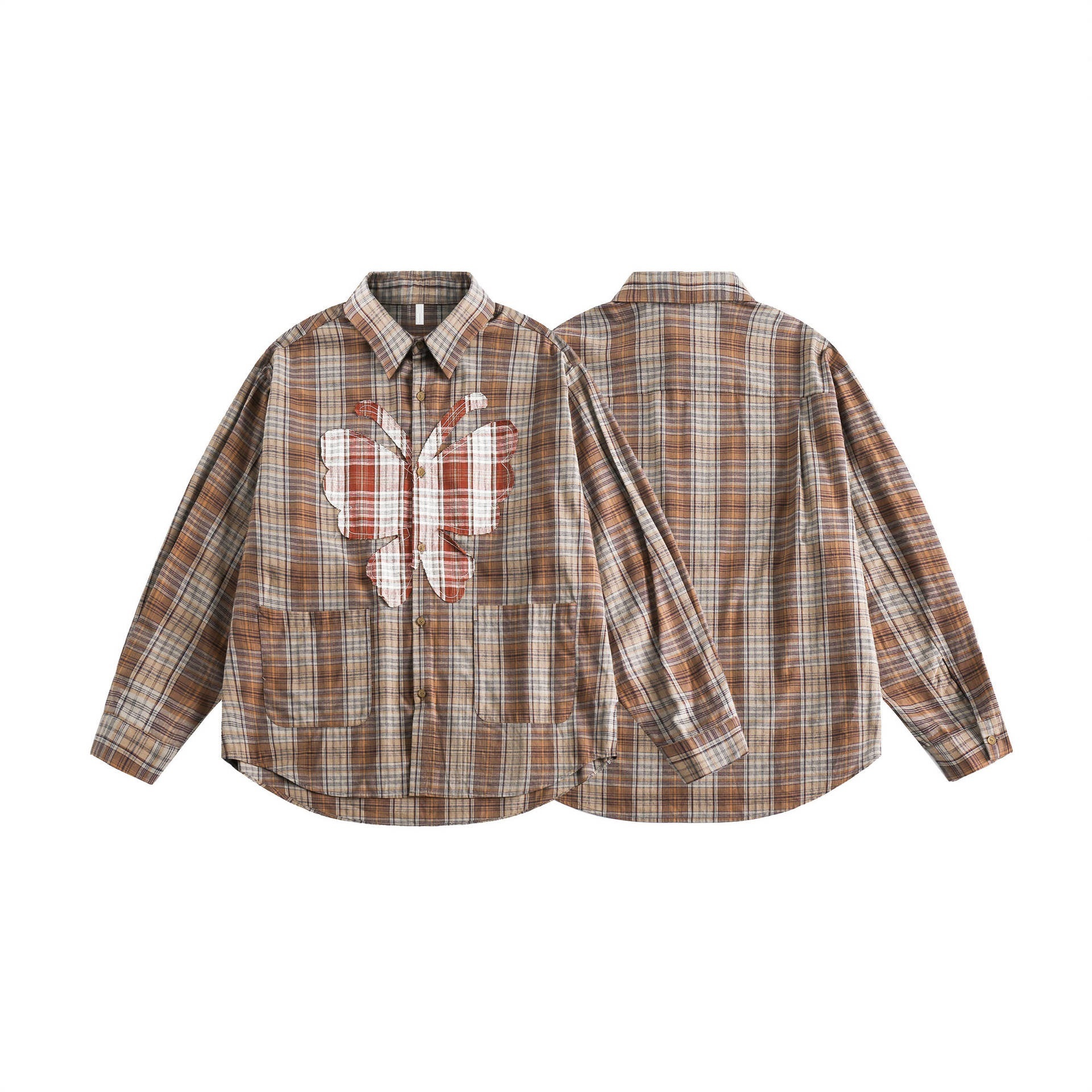 GorgeousBen  Unisex 2024 new retro American style butterfly patch plaid long sleeve shirt for men and women, loose fit casual couple's spring shirt.