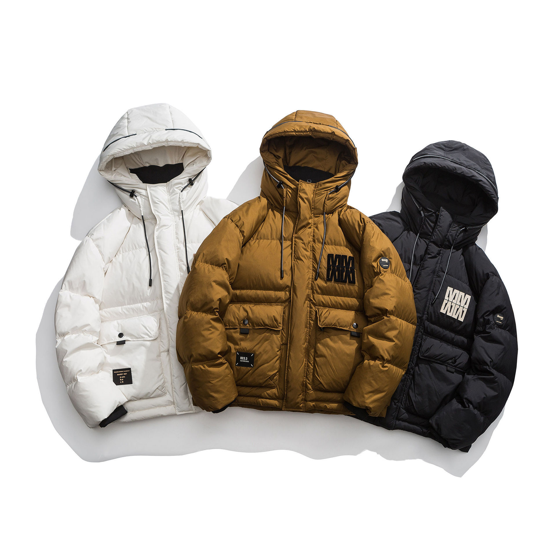 GorgeousBen  Unisex American high-street letter patch workwear down jacket , thickened for winter, trendy hooded outerwear for couples.