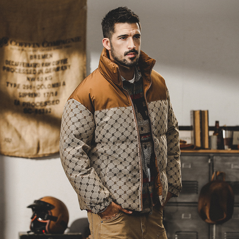 GorgeousBen  Men's American-style jacquard plaid down jacket for men in winter, loose and trendy with contrasting colors and high-end feel, thickened coat.