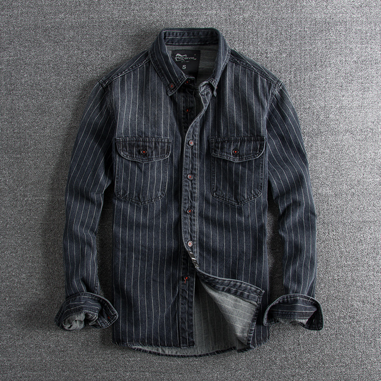 GorgeousBen  Men's Autumn and winter thick British retro distressed striped tide models single men's long-sleeved shirt.