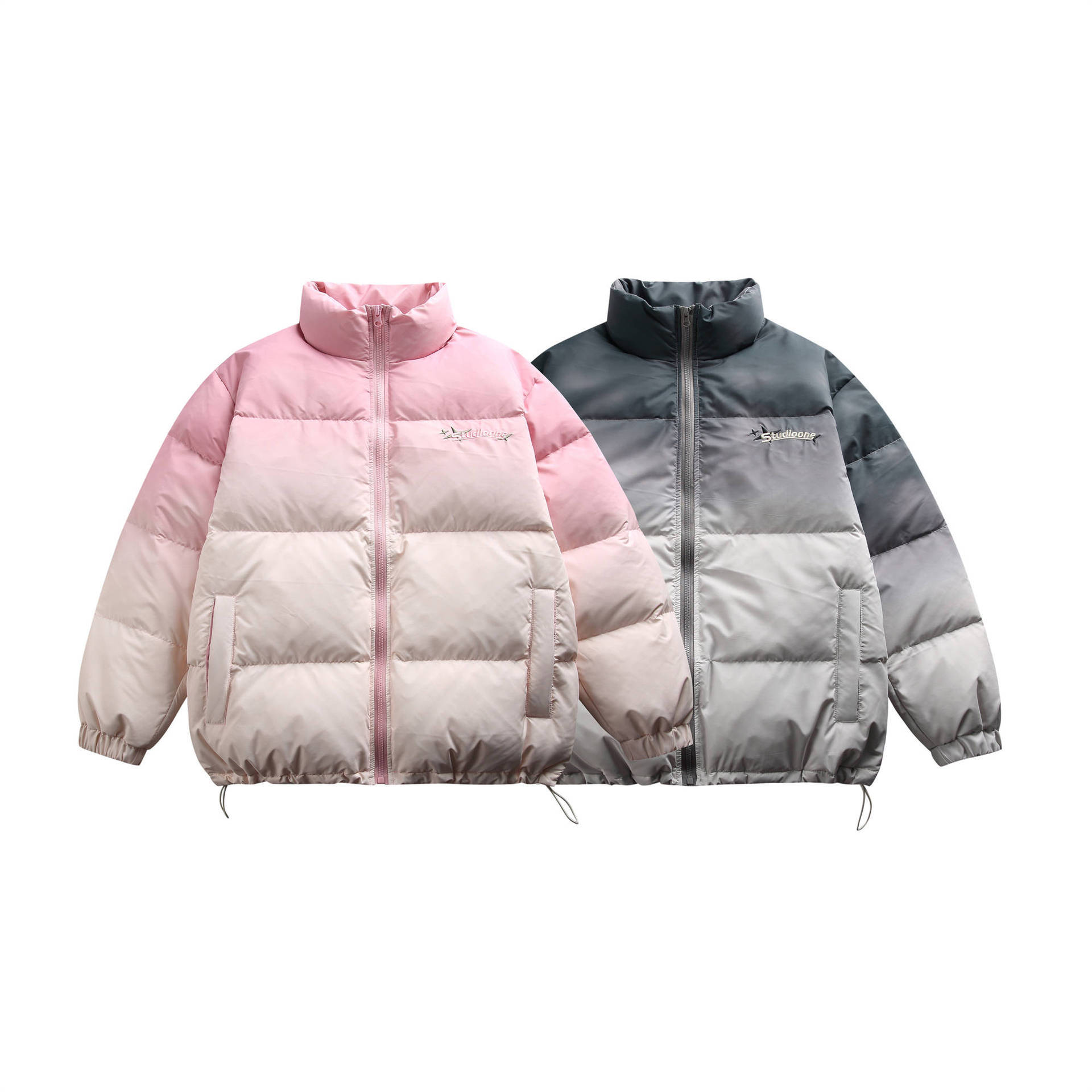 GorgeousBen  Unisex Pink gradient embroidered  down jacket men's loose winter couple trend warm down jacket
