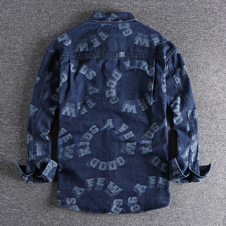 GrogeousBen  Men's  Casual retro printed letter denim shirt, fashionable and loose versatile youth shirt.