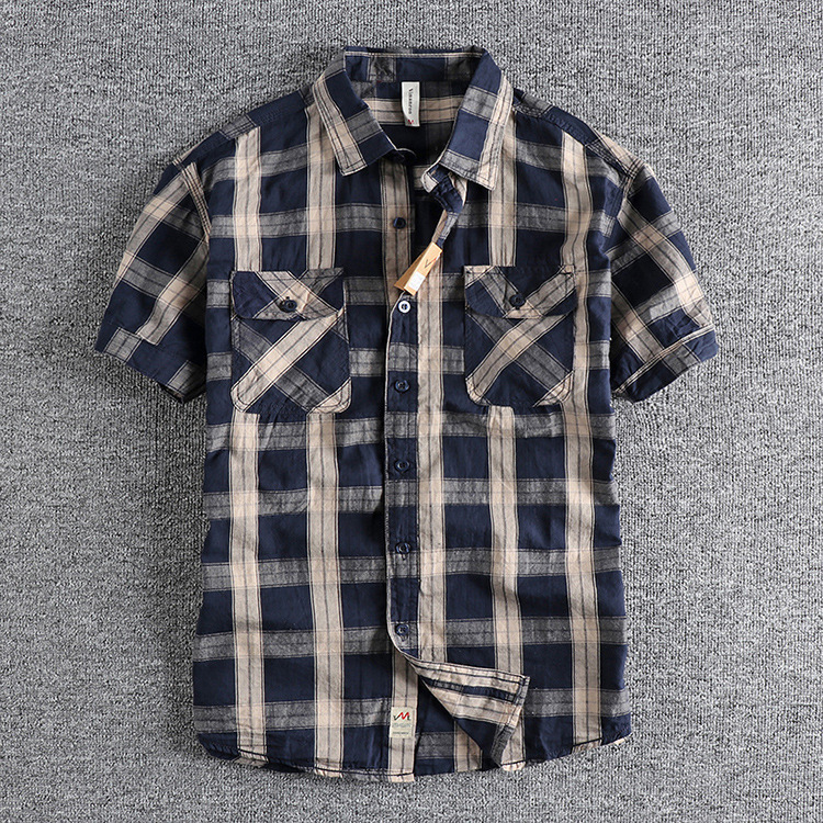 GorgeousBen  Men's Summer new classic American retro short-sleeved shirt for men, thin and comfortable plaid casual shirt.