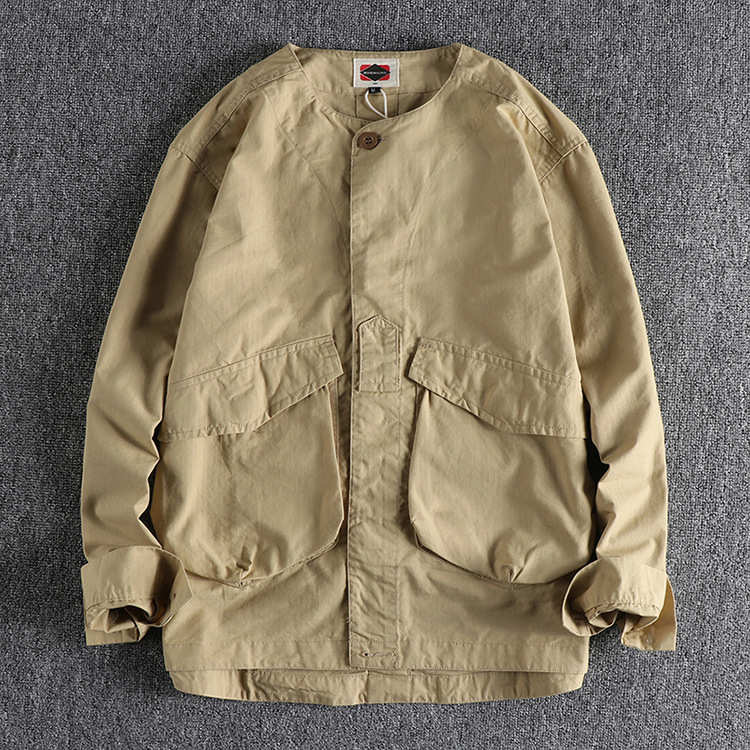 GorgeousBen  Men's American style camouflage workwear collarless shirt for men with long sleeves.