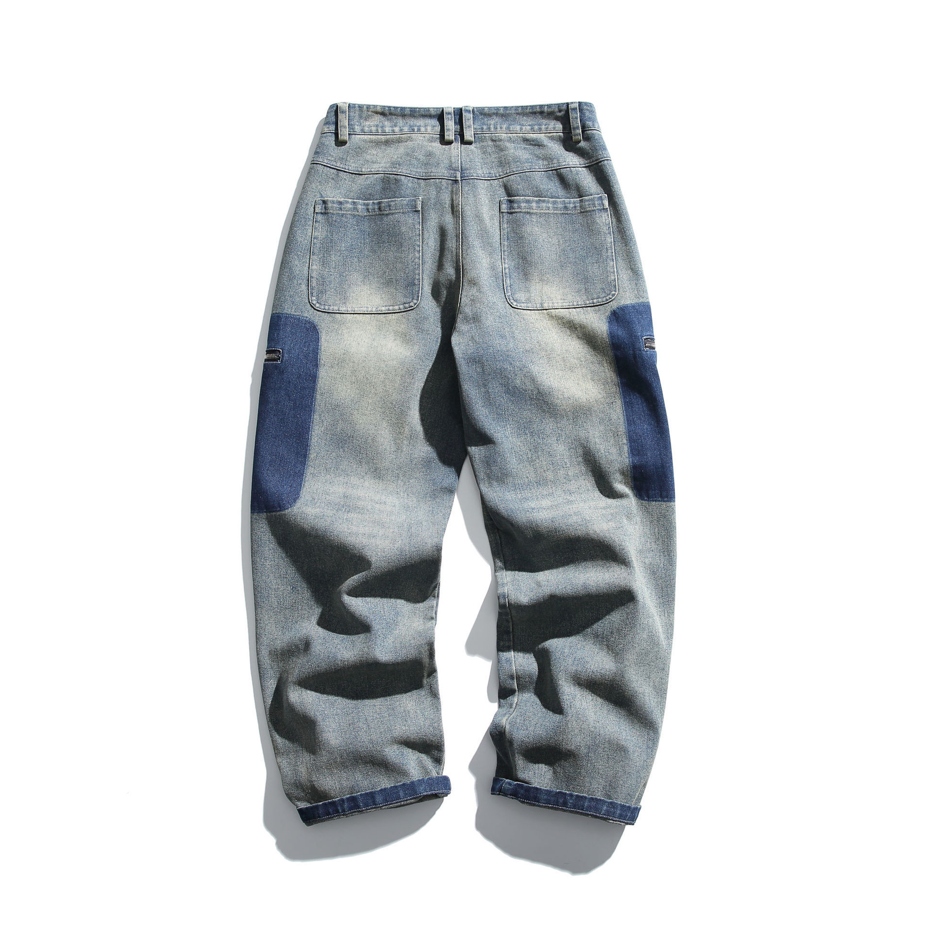 GorgeousBen   Unisex American retro color-blocked pocket functional workwear jeans for men, trendy spring new loose straight-leg casual pants.