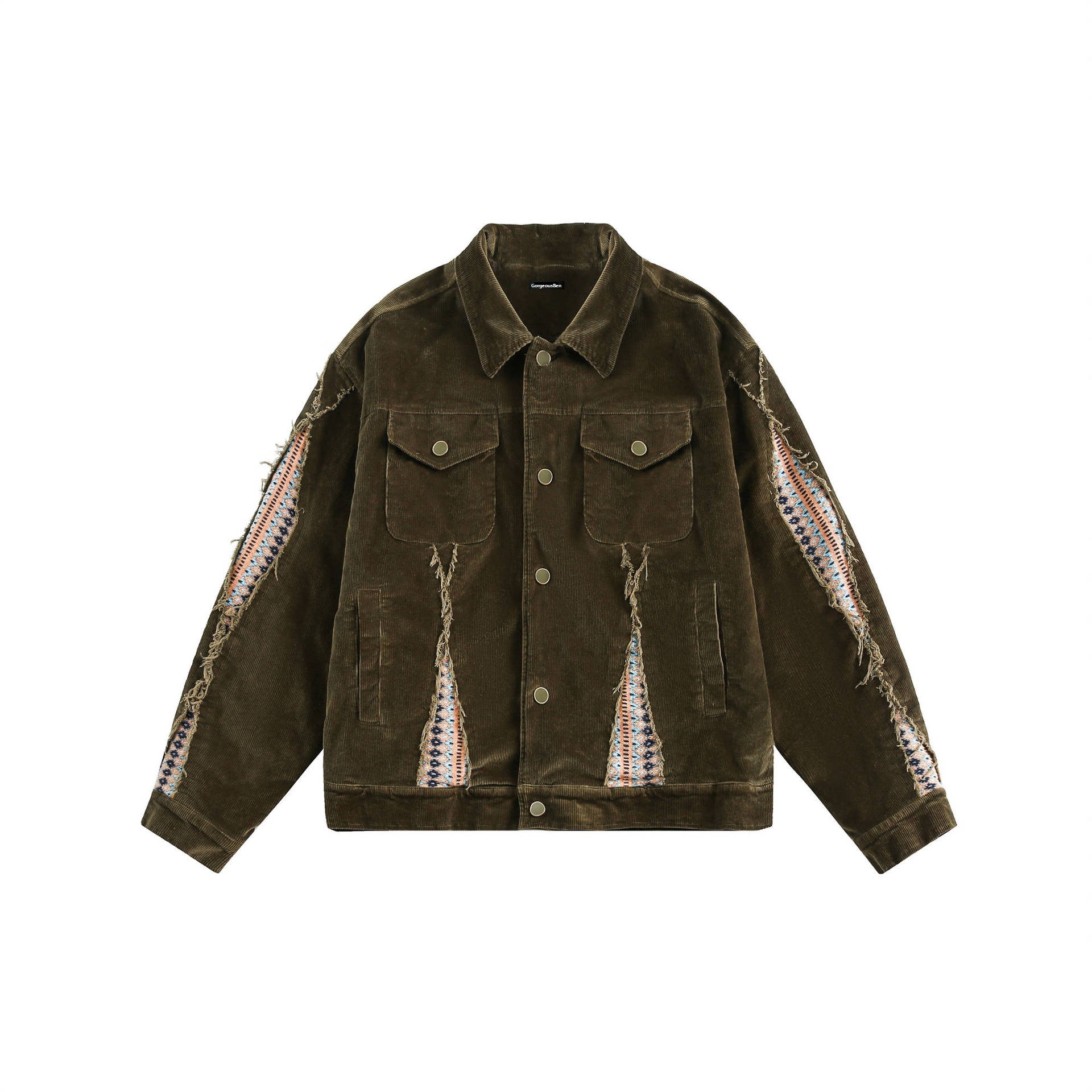 GorgeousBen   Unisex 2024 new retro patchwork ethnic style corduroy jacket for men and women, 2024 spring  lapel work jacket.