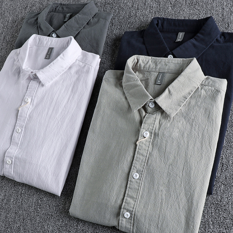 GorgeousBen  Men's Retro trend water-washed textured cotton short-sleeved shirt for men, classic and versatile solid color daily loose youth shirt.